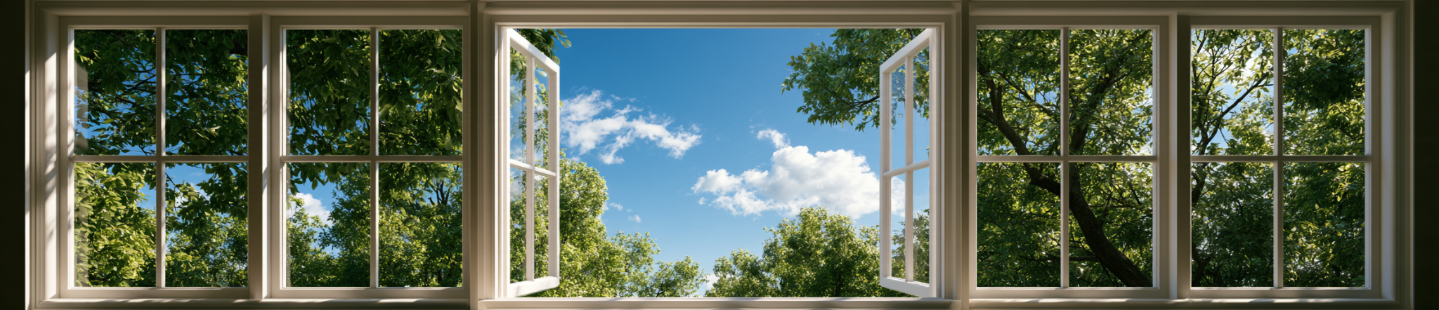 Open windows looking out onto trees and blue sky